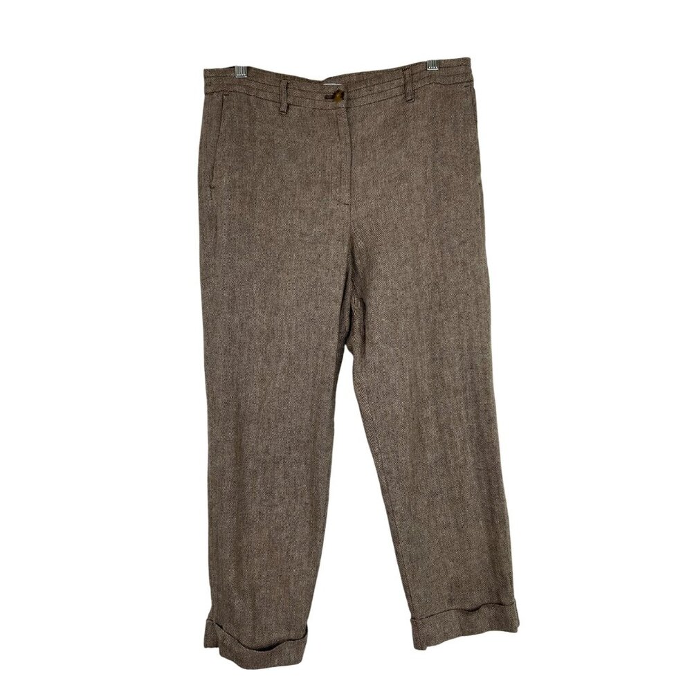J. Jill Women's Linen Cotton Blend Herringbone Cuff Pants Size 10 Brown